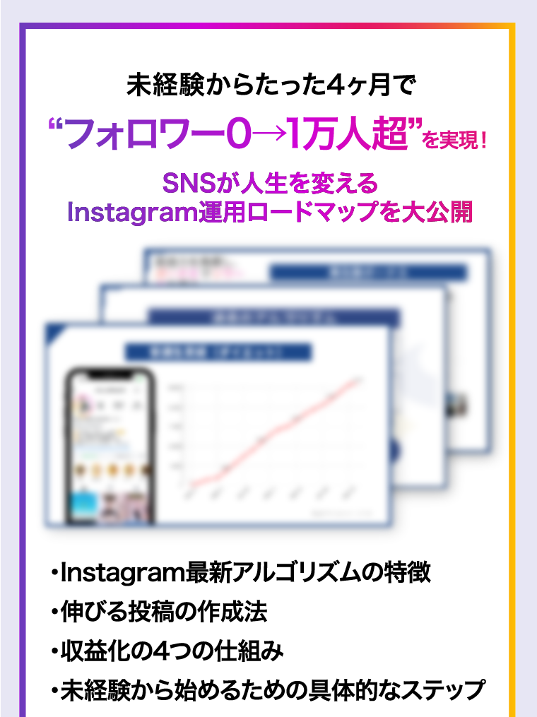 未経験からたった4ヶ月で“フォロワー0→1万人超”を実現！SNSが人生を変えるInstagram運用ロードマップを大公開　・Instagram最新アルゴリズムの特徴・伸びる投稿の作成法・収益化の4つの仕組み・未経験から始めるための具体的なステップ