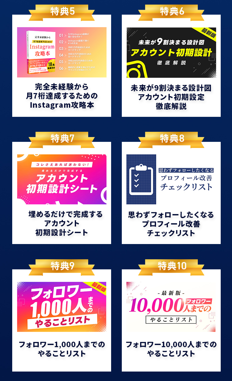特典5 完全未経験から 月7桁達成するための Instagram攻略本 特典6 未来が9割決まる設計図 アカウント初期設定 徹底解説 特典7 埋めるだけで完成する アカウント初期設計シート 特典8 思わずフォローしたくなる プロフィール改善 チェックリスト 特典9 フォロワー1,000人までの やることリスト 特典10 フォロワー10,000人までの やることリスト