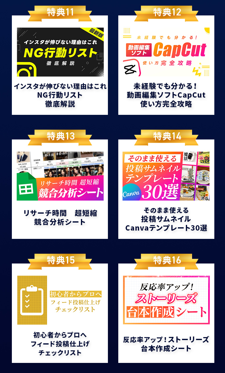 特典11 インスタが伸びない理由はこれ NG行動リスト 徹底解説 特典12 未経験でも分かる! 動画編集ソフトCapCut 使い方完全攻略 特典13 リサーチ時間 超短縮 競合分析シート 特典14 そのまま使える 投稿サムネイル Canvaテンプレート30選 特典15 初心者からプロへ フィード投稿仕上げ チェックリスト 特典16 反応率アップ! ストーリーズ 台本作成シート